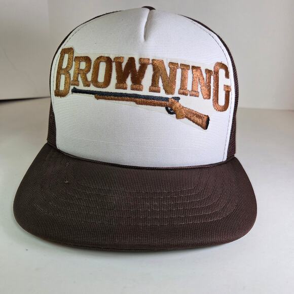 Vintage Browning Shotgun Logo Trucker Hat Brown White Mesh Snapback Made Korea - Picture 1 of 11